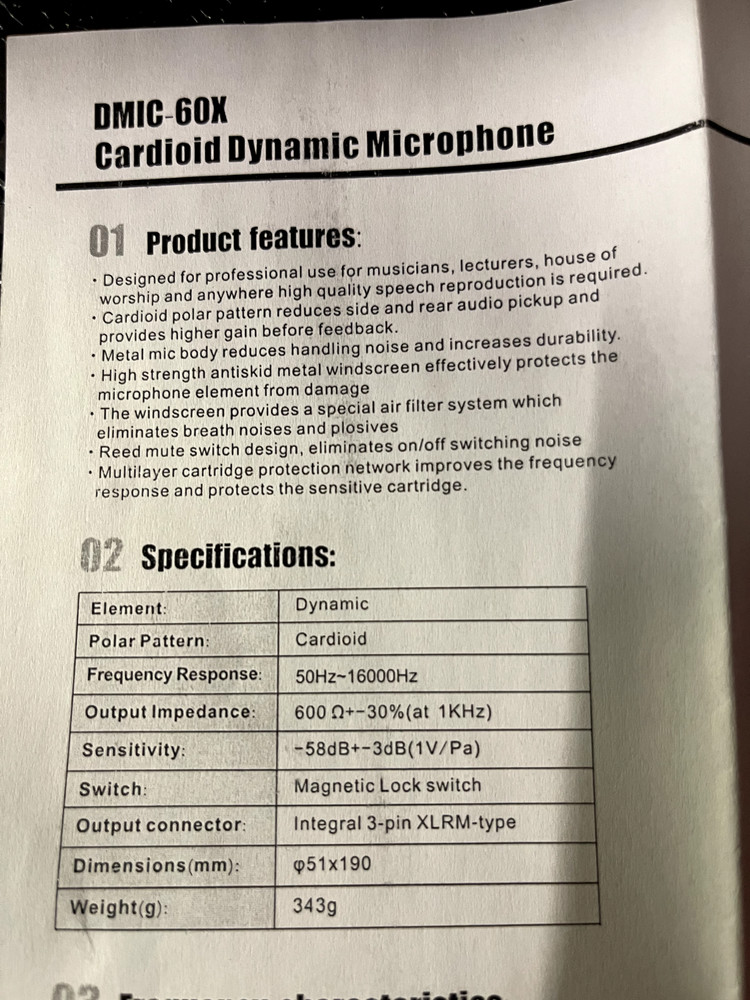 Factor Electronics DMIC-60X Dynamic Microphone w/Switch, Plus Cable & Stand Clip