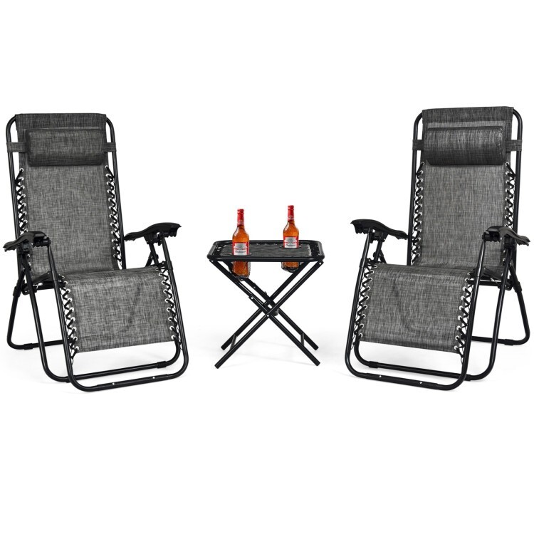 3 Pieces Folding Portable Zero Gravity Reclining Lounge Chairs & Side Table Set