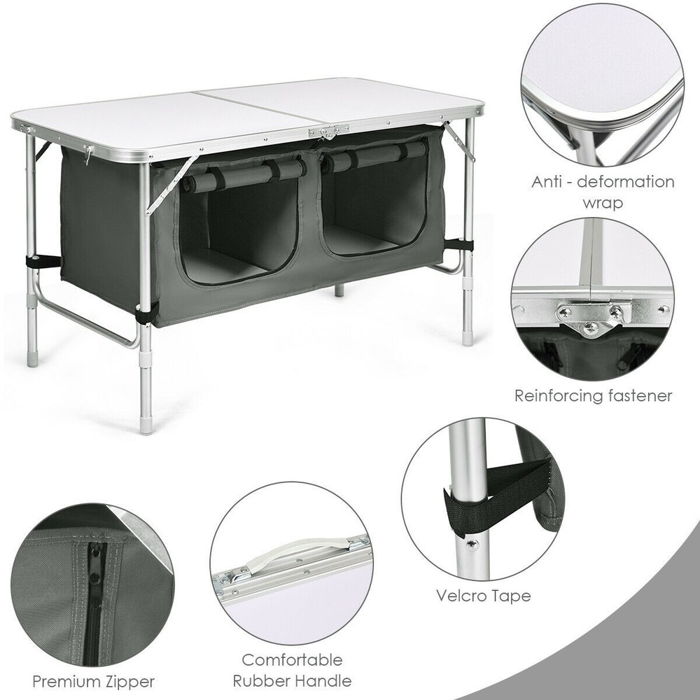 Folding Camping Table Aluminum Height Adjustable w/ Storage Organizer Grey