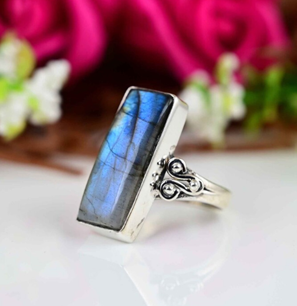 Labradorite Ring Solid 925 Sterling Silver Rectangle Gemstone Pretty Ring MK*