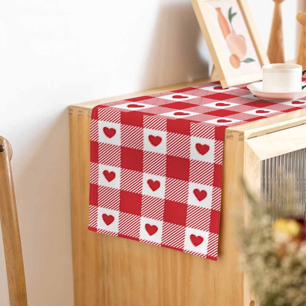 Table Runner Romantic Red Hearts Gingham PatternCotton Linen Table Runner Dec...
