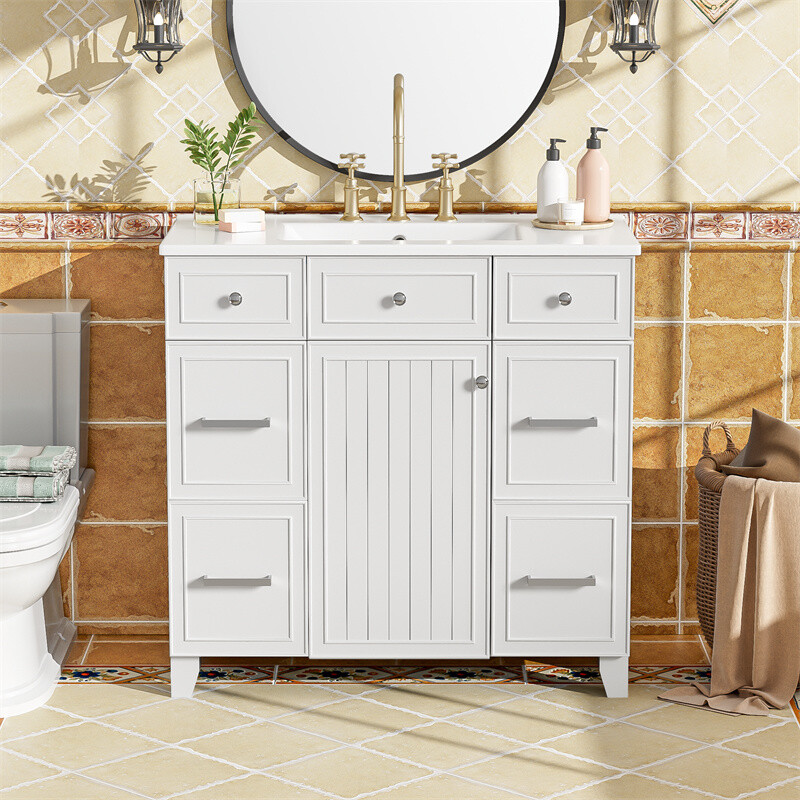 36" White Bathroom Vanity Set,Solid Wood Frame w/Ceramic Sink &Versatile Storage