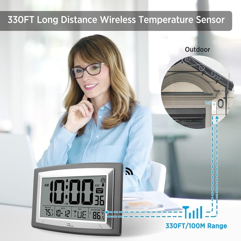 Atomic Clock with Indoor Outdoor Temperature, Self-Setting Digital Wall Clock