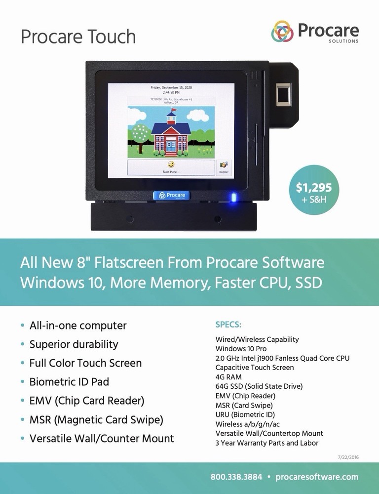Procare 8” Flat Screen Software Computer / Touchscreen With Mount Brand New