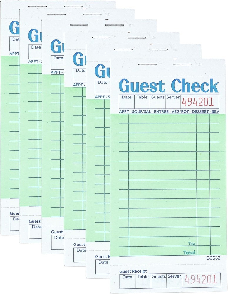 Waitress Notepad 6 Pack - Perforated Green Guest Checks for Efficient Ordering