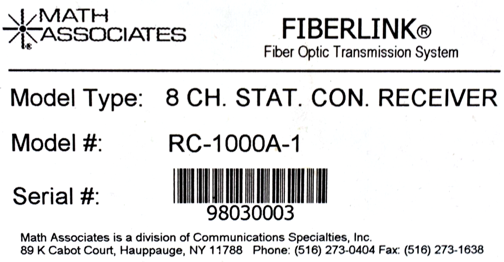 Math Associates FIBERLINK 8 CH. STATE. CON. RECEIVER RC-1000A-1