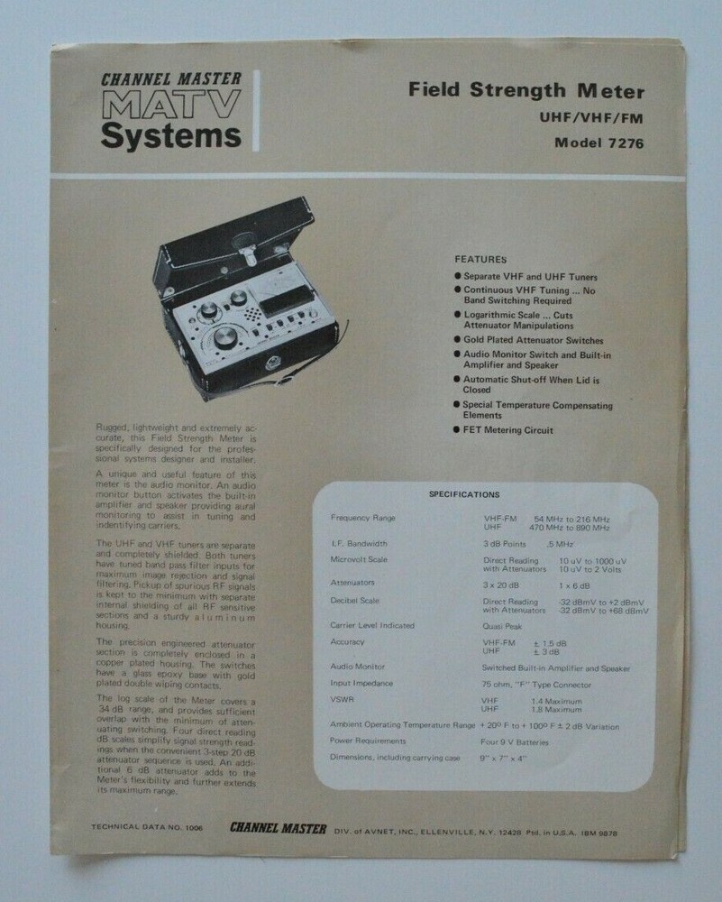 CHANNEL MASTER MATV Systems Field Strength Meter Model 7276 data sheet