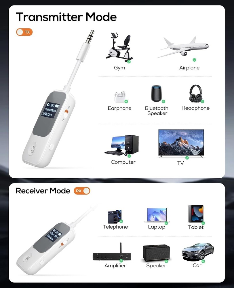 Nulaxy 2-in-1 Bluetooth Transmitter Receiver with Screen [Shows Battery