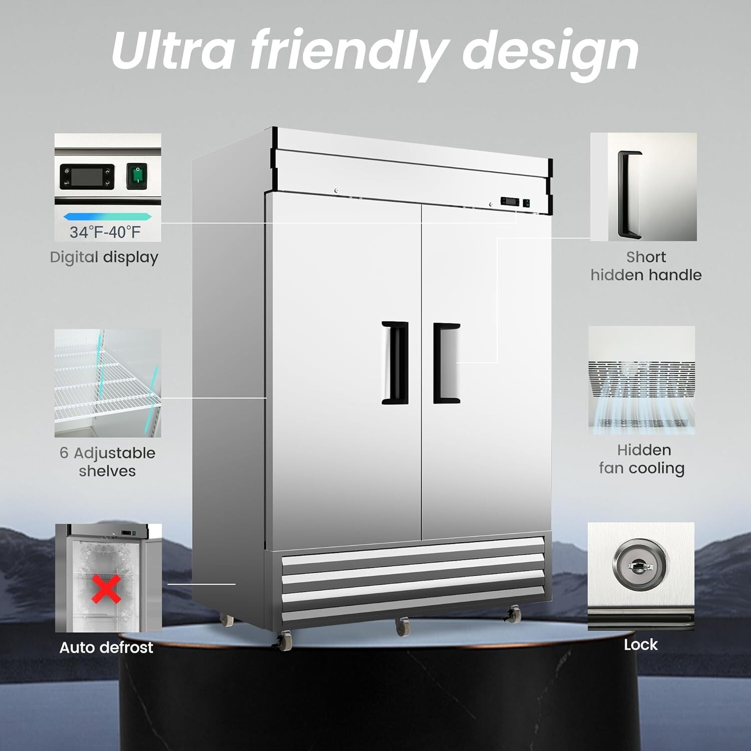 New 54'' Reach-In Commercial Refrigerator Stainless Steel 2 Solid Doors 49 Cu.Ft