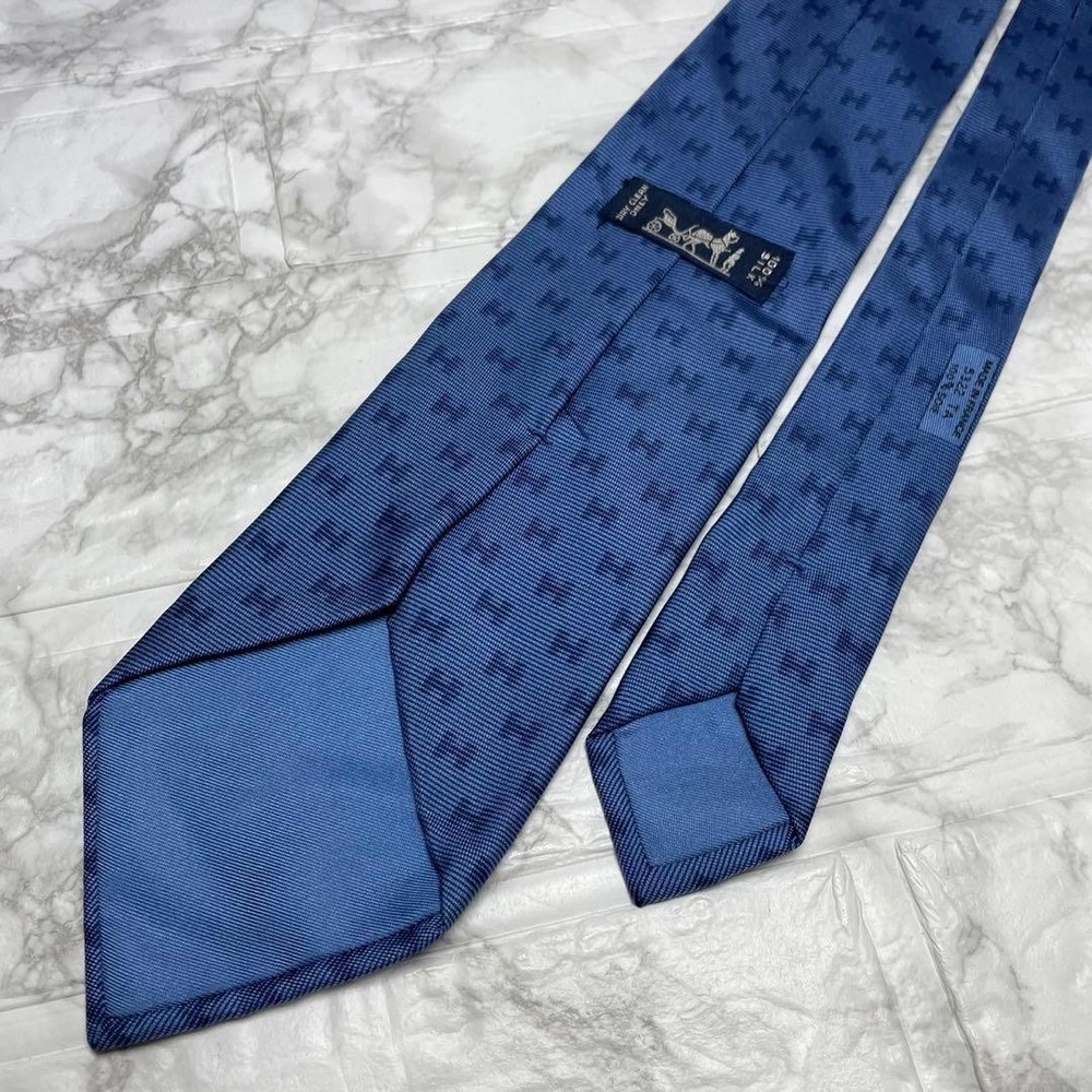 HERMES Tie H Pattern Silk Blue