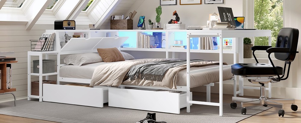 Corner Bed Frame Full Size with Bookcase and 2 Underbed Storage Drawers, Moder