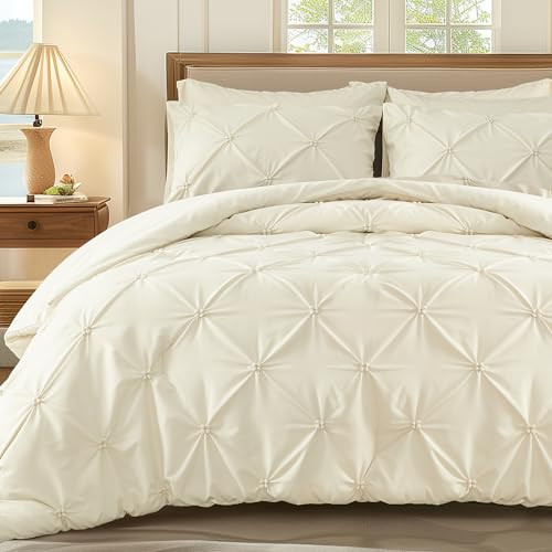 King Size Comforter Set Cream, 3 Pieces Bed Lightweight Solid Bedding