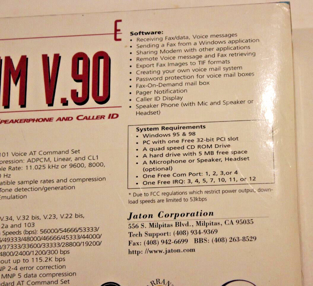 Jaton WINCOMM V90 Modem Card NOS