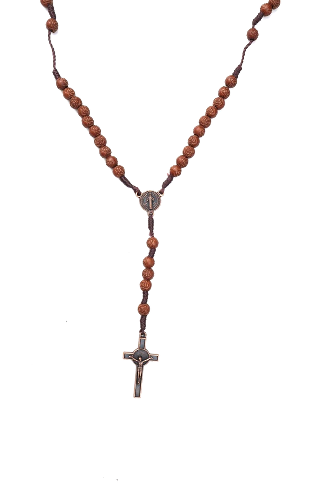 Rosebud Wood Bead Saint Benedict San Benito Centerpiece Standard 5 Decade Rosary