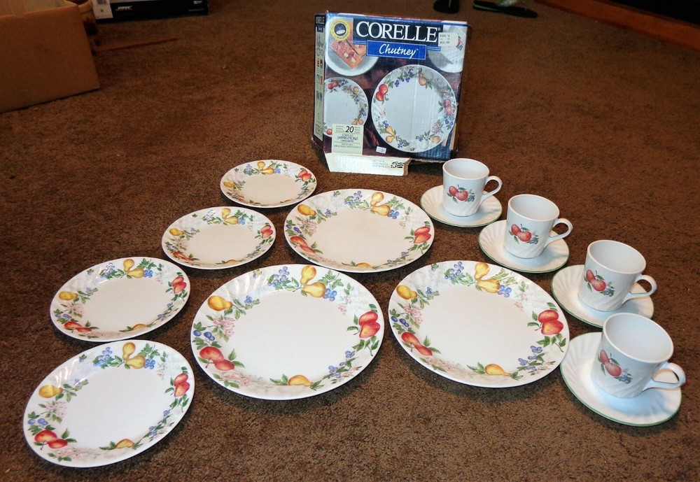 15 PC CORELLE CHUTNEY DINNERWARE SET CUPS DINNER BREAD PLATES FRUIT SWIRL IN BOX