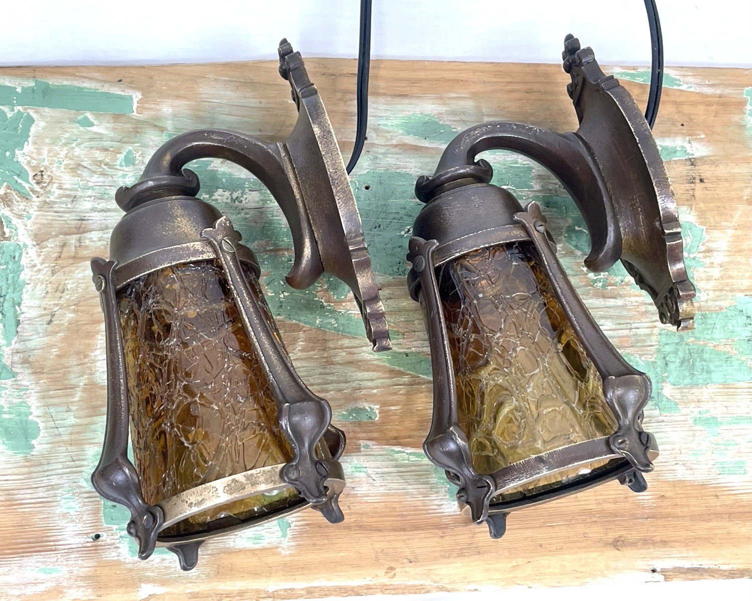 RESTORED Pair Antique Vtg Tudor Arts Crafts Wall Sconces Amber Glass Porch Light