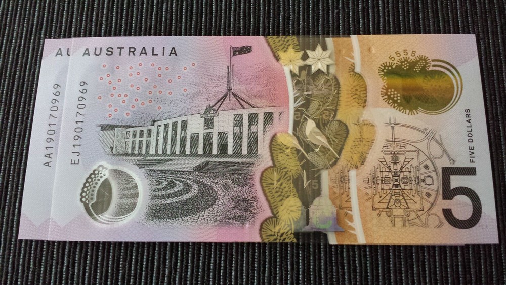 2019 $5 FIRST & LAST PREFIX MATCHING SERIALS AA19 EJ19 AA EJ x 2 UNC Banknotes