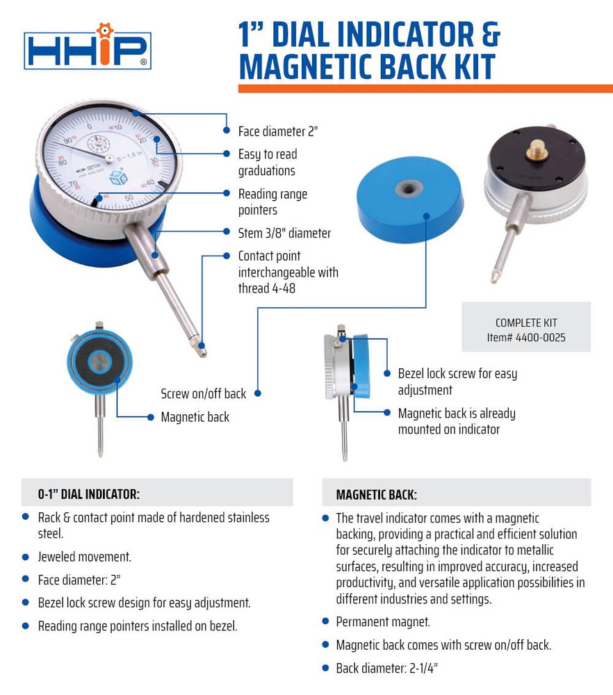 4400-0025 1" Dial Indicator and Magnetic Back Set