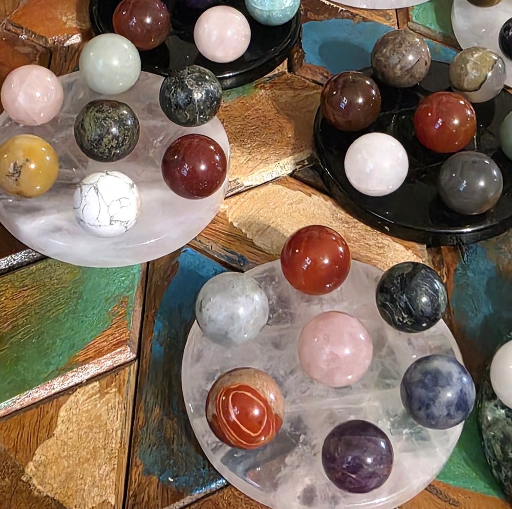 Rose Quartz Hexagram Mini Sphere Holder Set with Mixed Mini Spheres