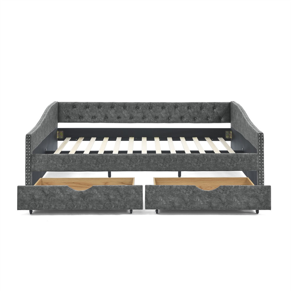 Queen Size Daybed with 2 Storage Drawers Upholstered Bed Frame Sofa Bed US