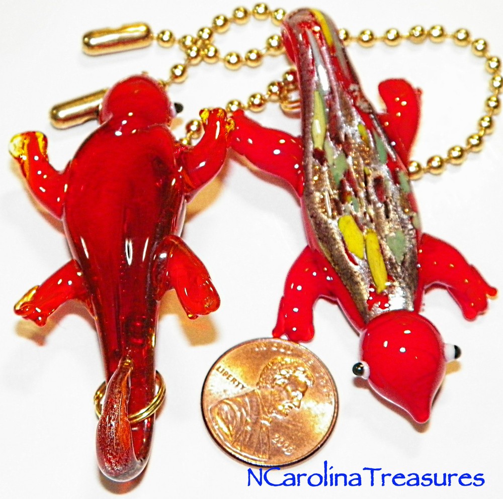 GLASS CEILING FAN SWITCH PULL RED MULTICOLORED LIZARD GECKO SALAMANDER LG PAIR