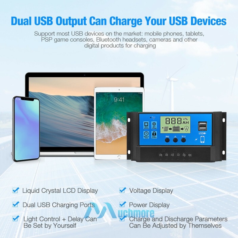 PWM 30A 12V 24V Solar Panel Regulator Charge Controller Auto Focus Tracking 2USB
