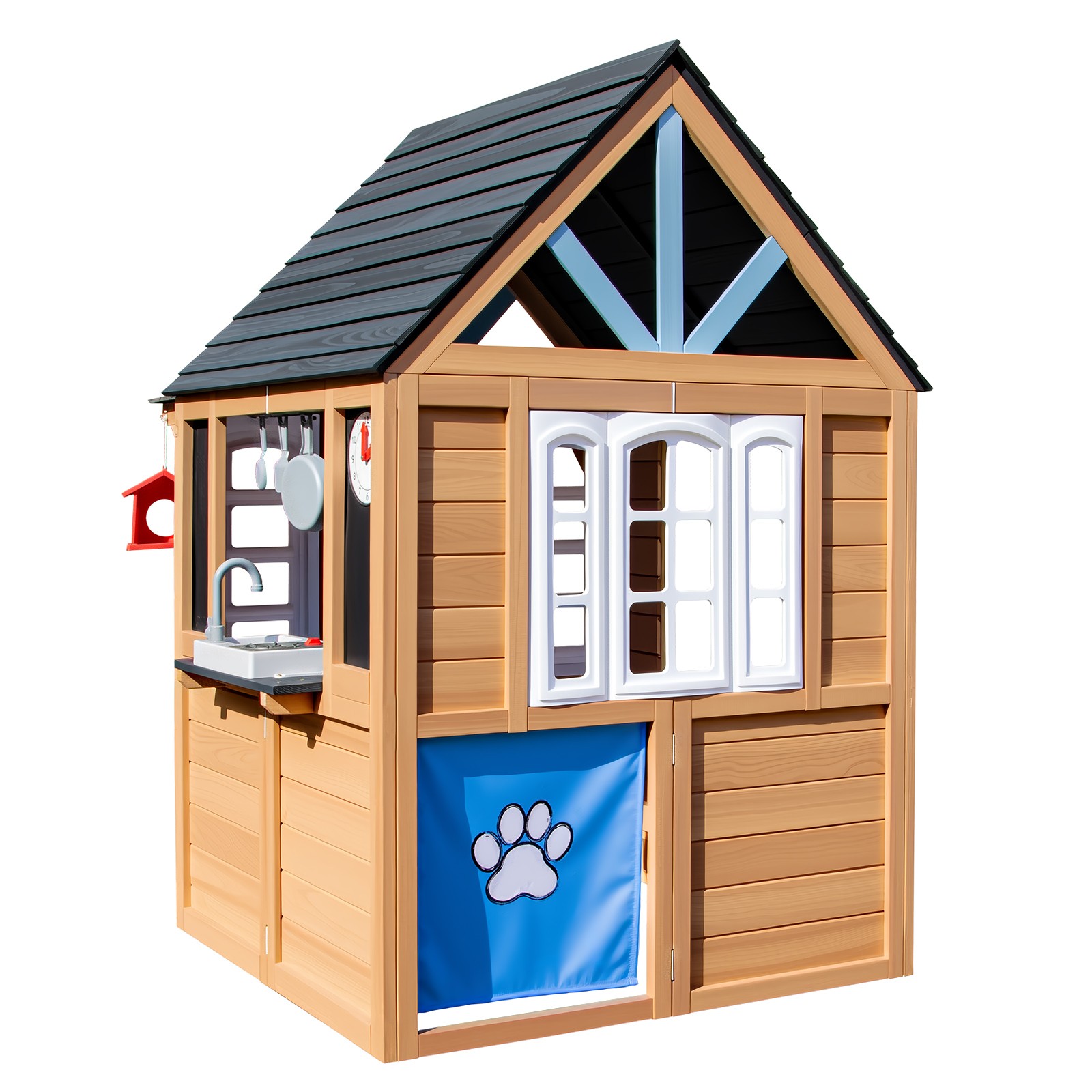 Wooden Kids Outdoor Playhouse with Window,Bench,Toy Kitchen,Flowerpot,Blackboard