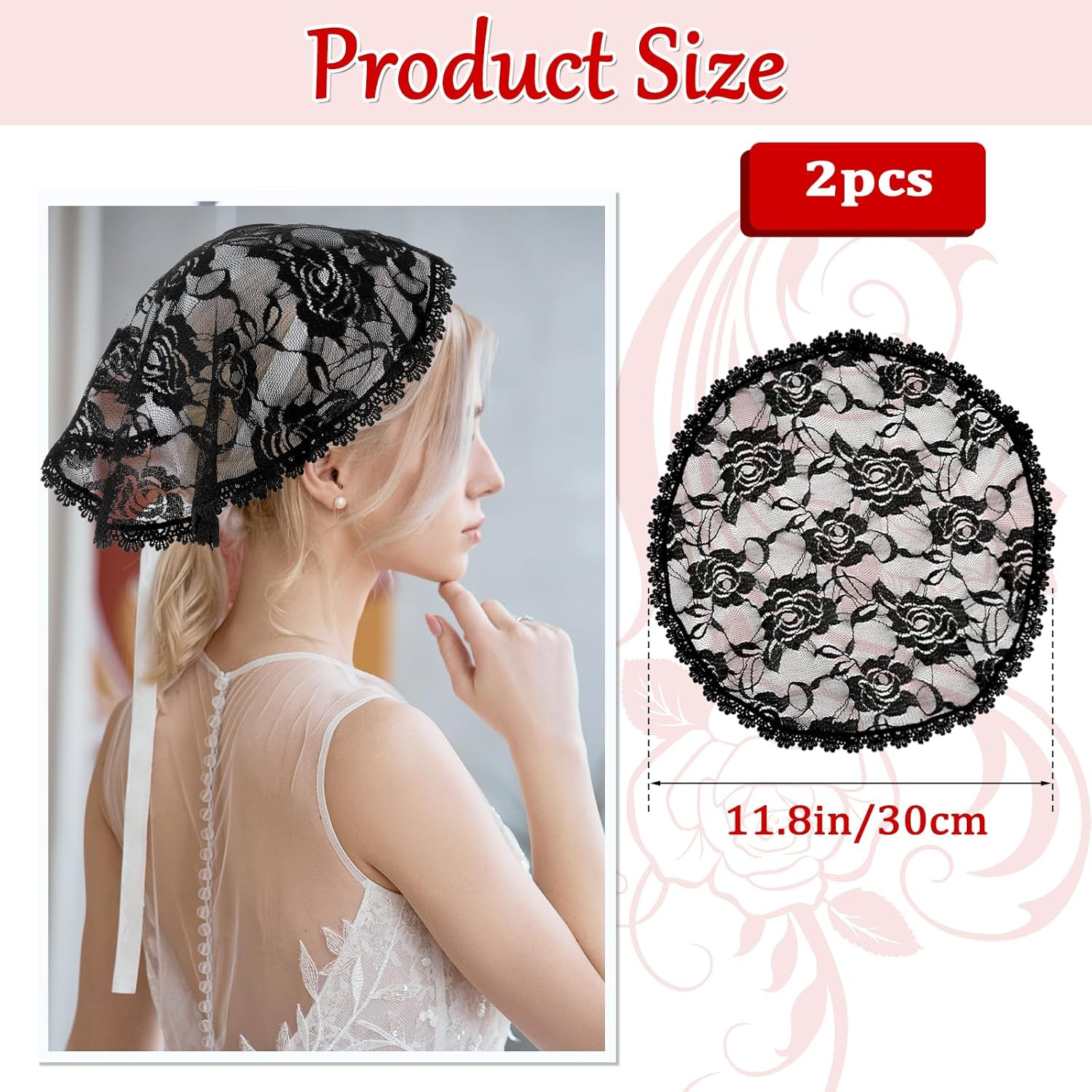 2 Pcs Lace Chapel Veil Head Coverings – Black & White Floral Short Mantilla
