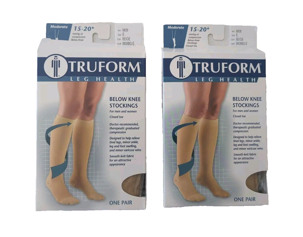 2 TRUFORM 15 - 20 Below Knee Compression Stocking Beige  # 9808BG-E Closed Toe