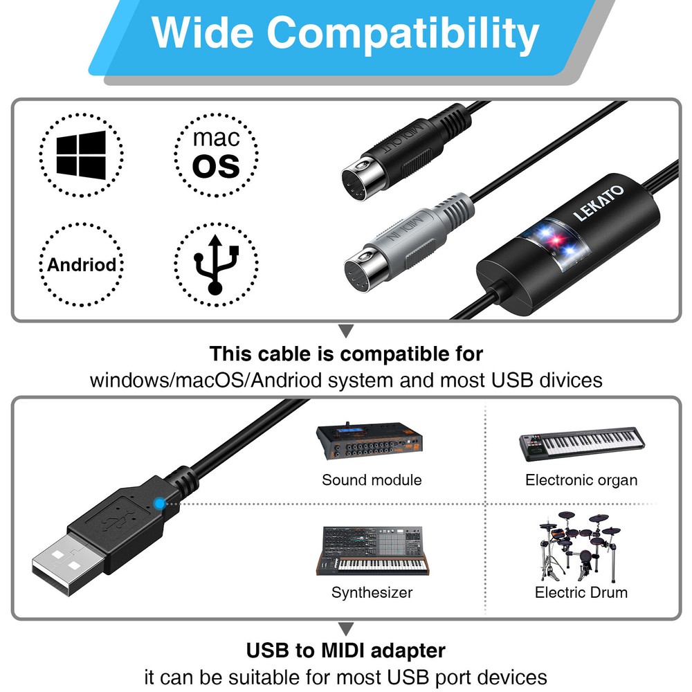 LEKATO USB MIDI Cable MIDI USB Interface with Input & Output Piano Keyboard Cord