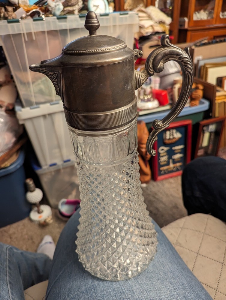 Vintage Crystal Claret Pitcher, Silver Plated Top With Ice Holder Inside