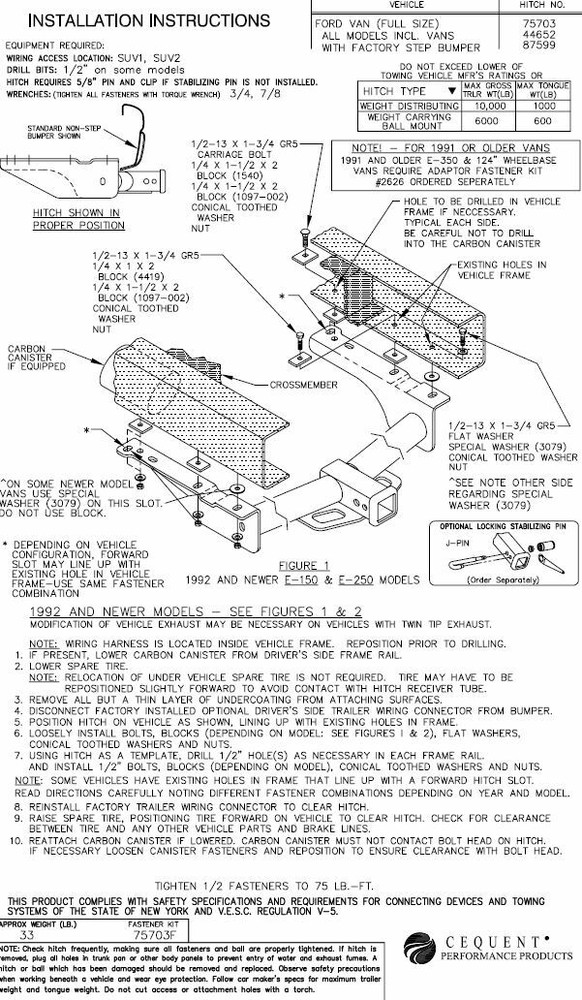 Trailer Tow Hitch For 75-14 Ford E150 E250 E350 Van Class 3 2" Towing Receiver