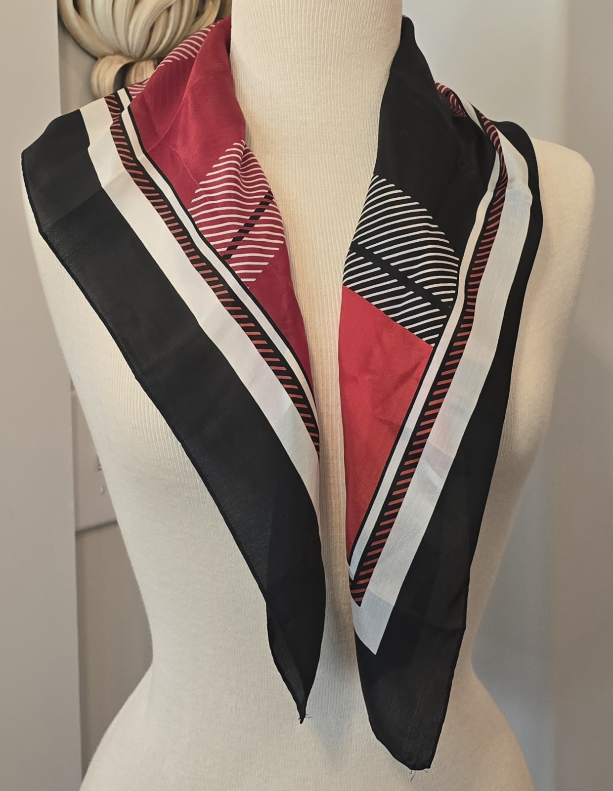 Vintage Bill Blass Scarf Silk Mod Red Black White Geometric 27x27.5 Inches