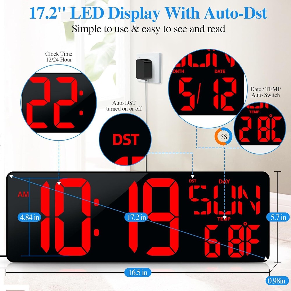 17.2" Large LED Digital Wall Clock w/ Remote Control &Auto-Adjustable Brightness