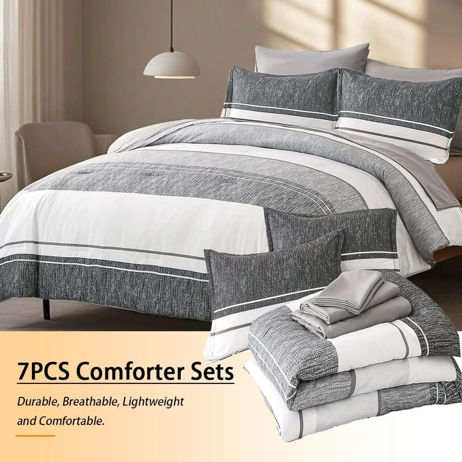7 Piece Bed Bag Comforter Queen Fashion Solid Color Stripes Sheet