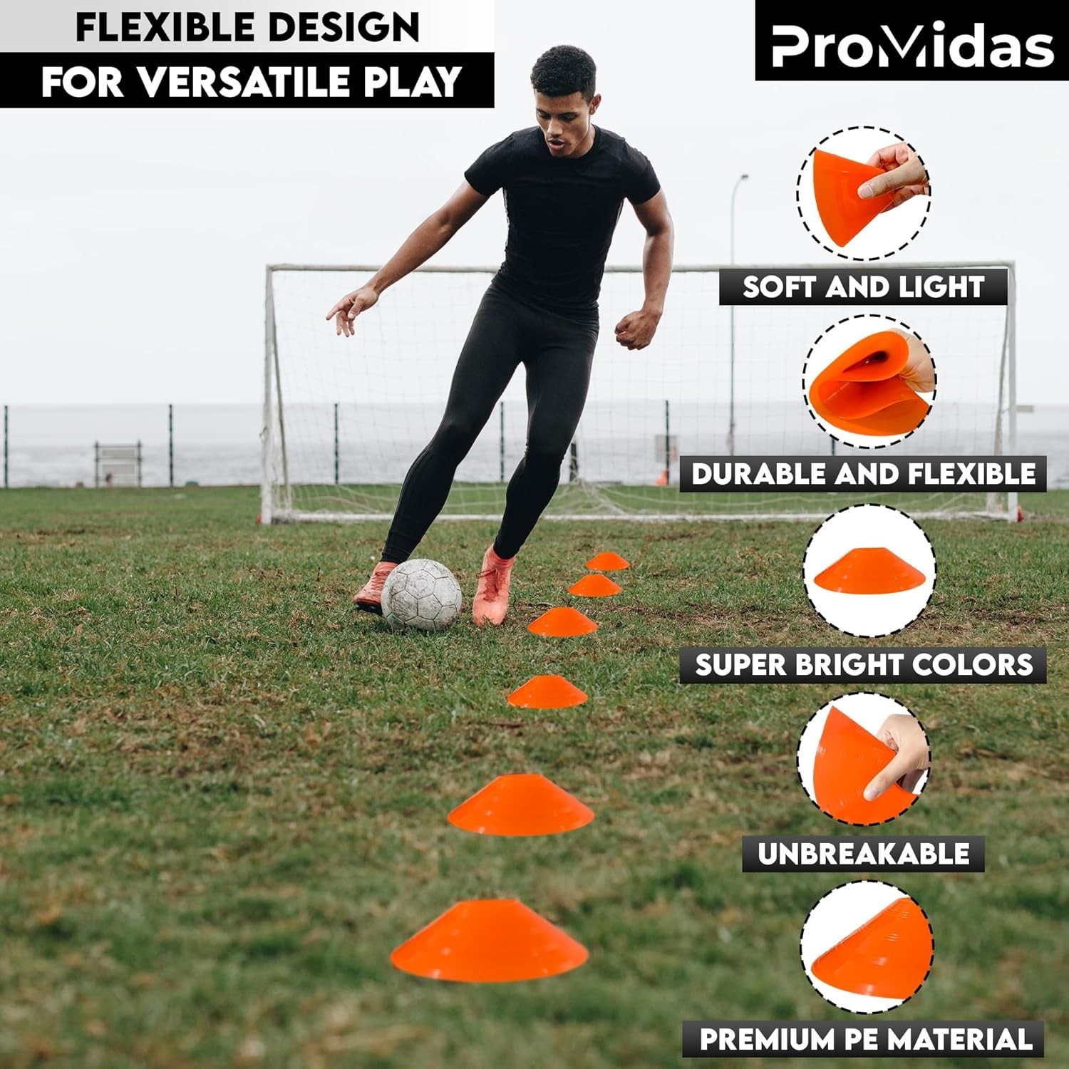 NEW / UNUSED ProMidas Orange Soccer Agility Cones With Bag / Strap - 24 Count