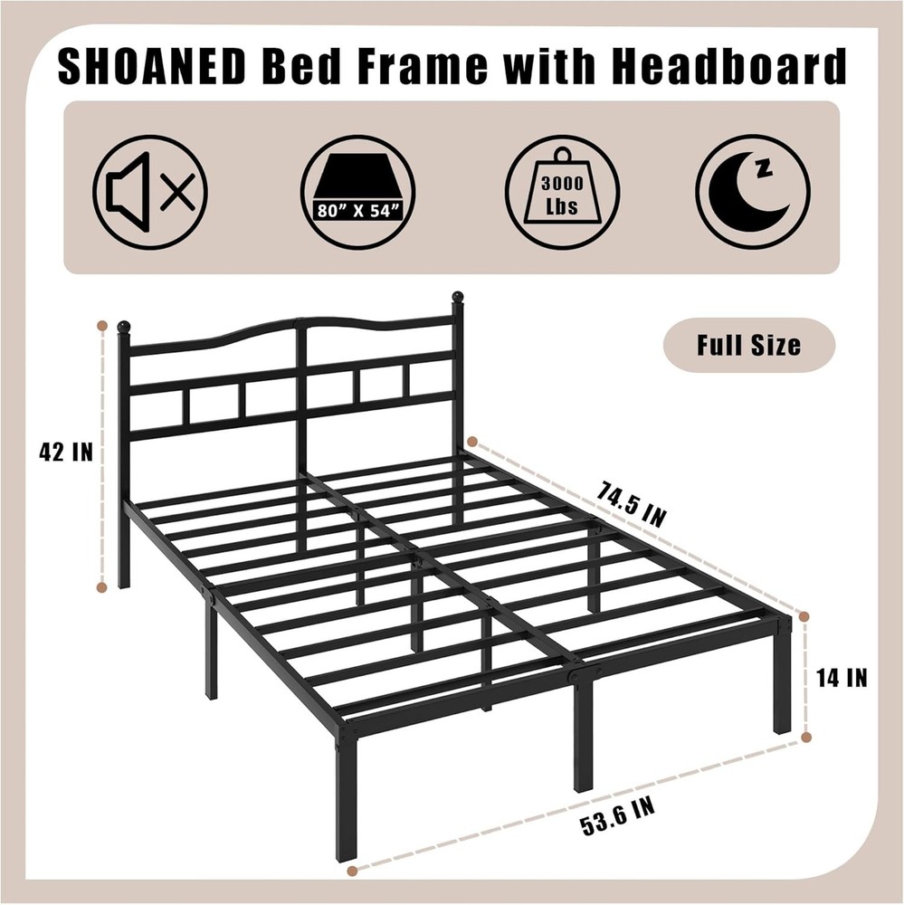 14 Inch Metal Bed Frame Full Size Heavy Duty Bedframe W/ Headboard Black Basic