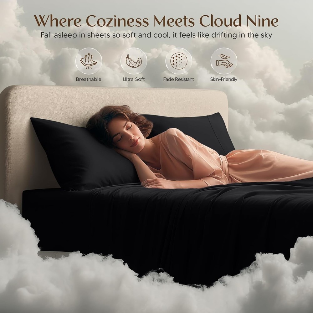 King Sheet Set – 4 Piece Bed Sheets, Soft and Breathable Microfiber (Black)