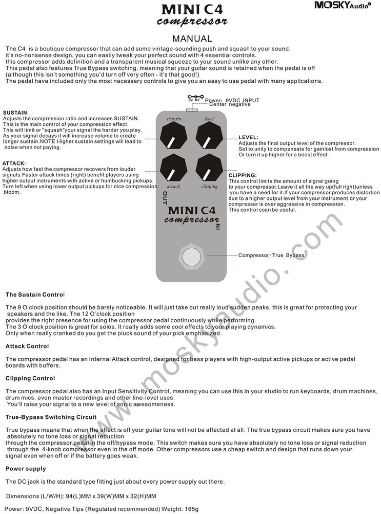 MOSKYAudio Mini C4 Compressor Guitar Effect Pedal True Bypass Full Metal Shell