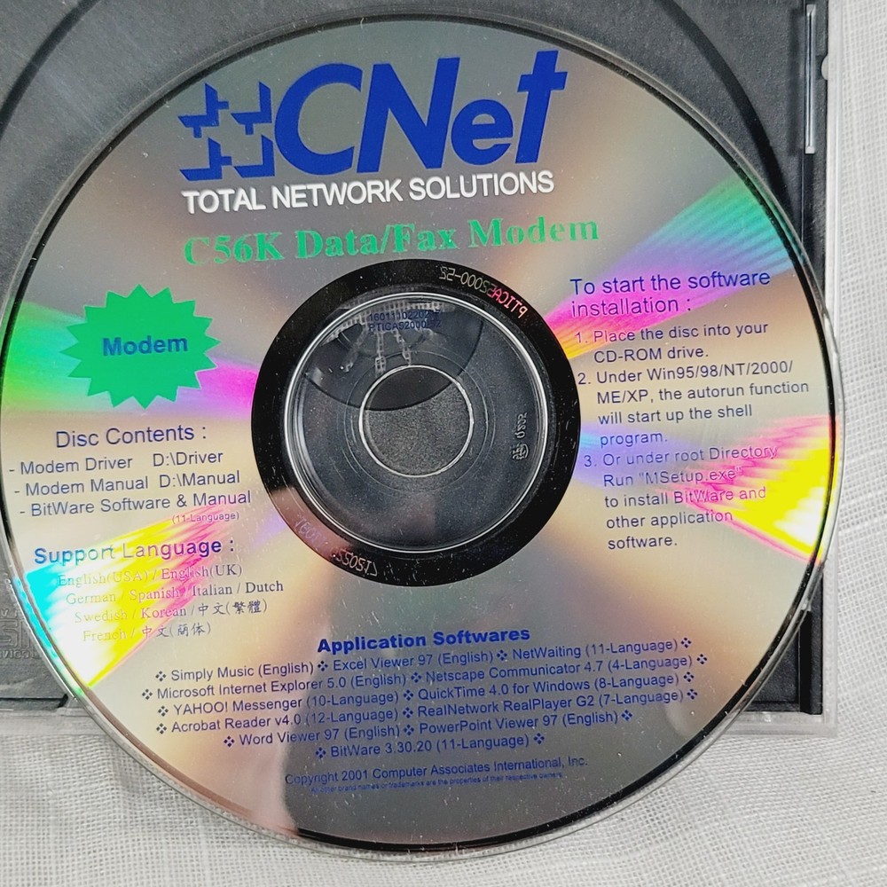 CNet Total Network Solutions C56K Data/Fax Modem Software Disc CD Rom 2001