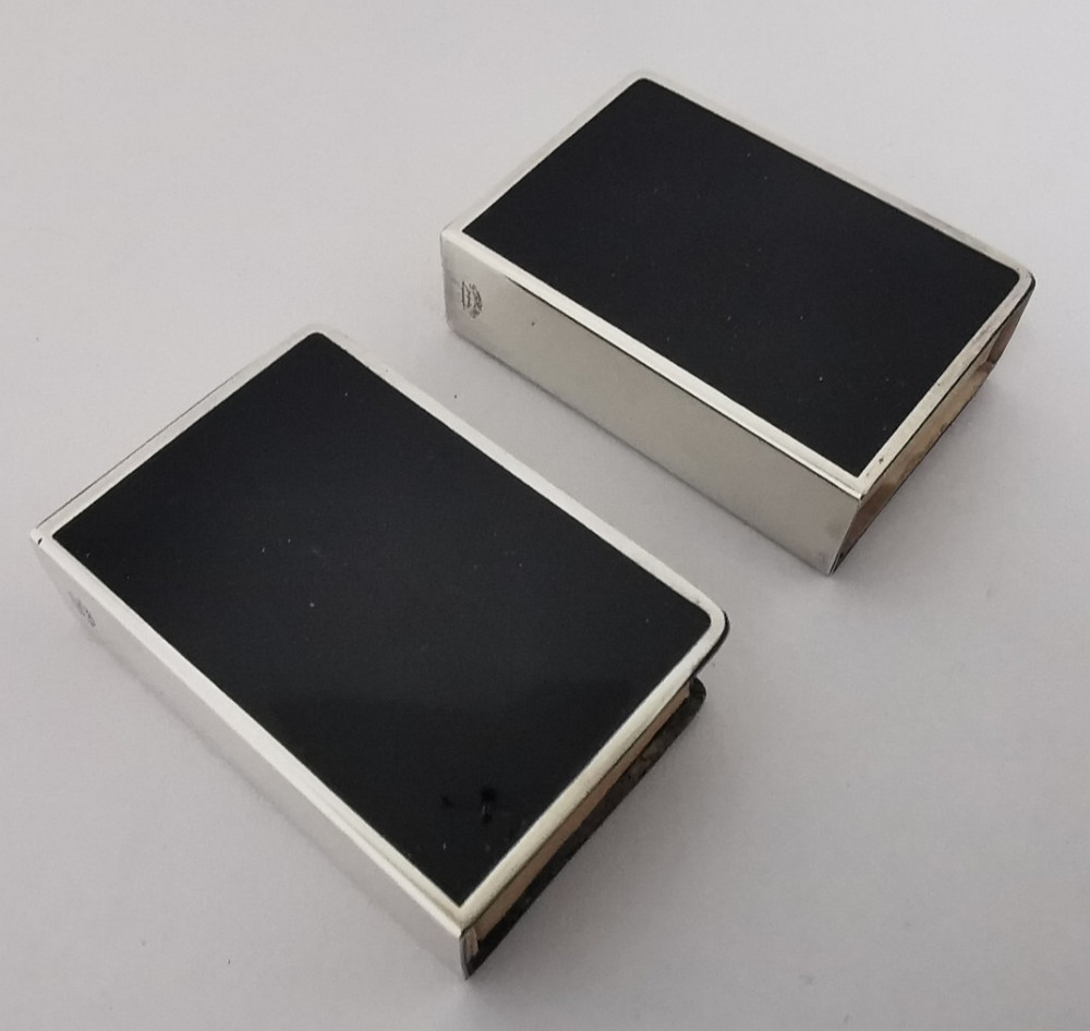 Pair Of Solid Silver & Enamel Match Box Holders.