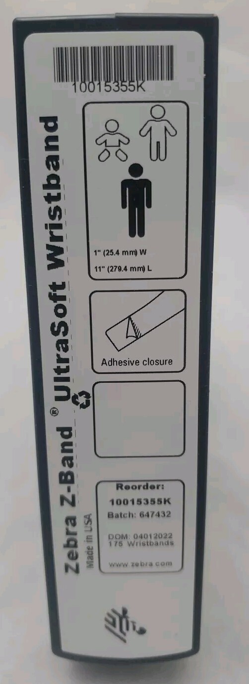 6 Pk Zebra 10015355K 1"×11" Adult Z-Band UltraSoft Wristband Cartridge 175 White