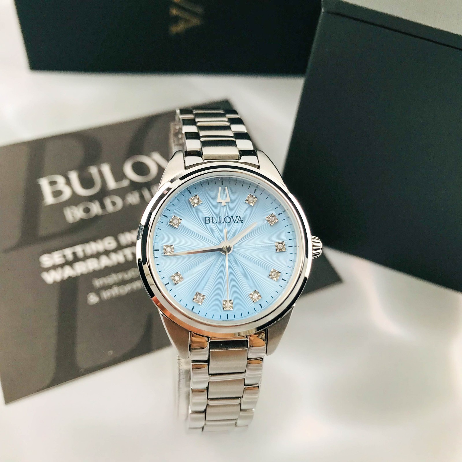 Bulova Classic 96P250 Sutton 11 Diamonds Blue Dial Women's Quartz Watch 28mm