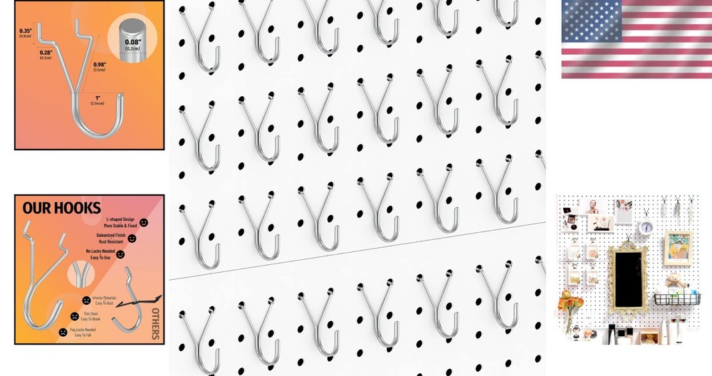 40 Count J-Hook Set - Durable Silver Pegboard Hooks for Effortless Organization