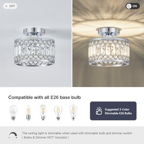 Crystal Ceiling Light, Modern Semi Flush Mount Ceiling Lighting 9in Chrome