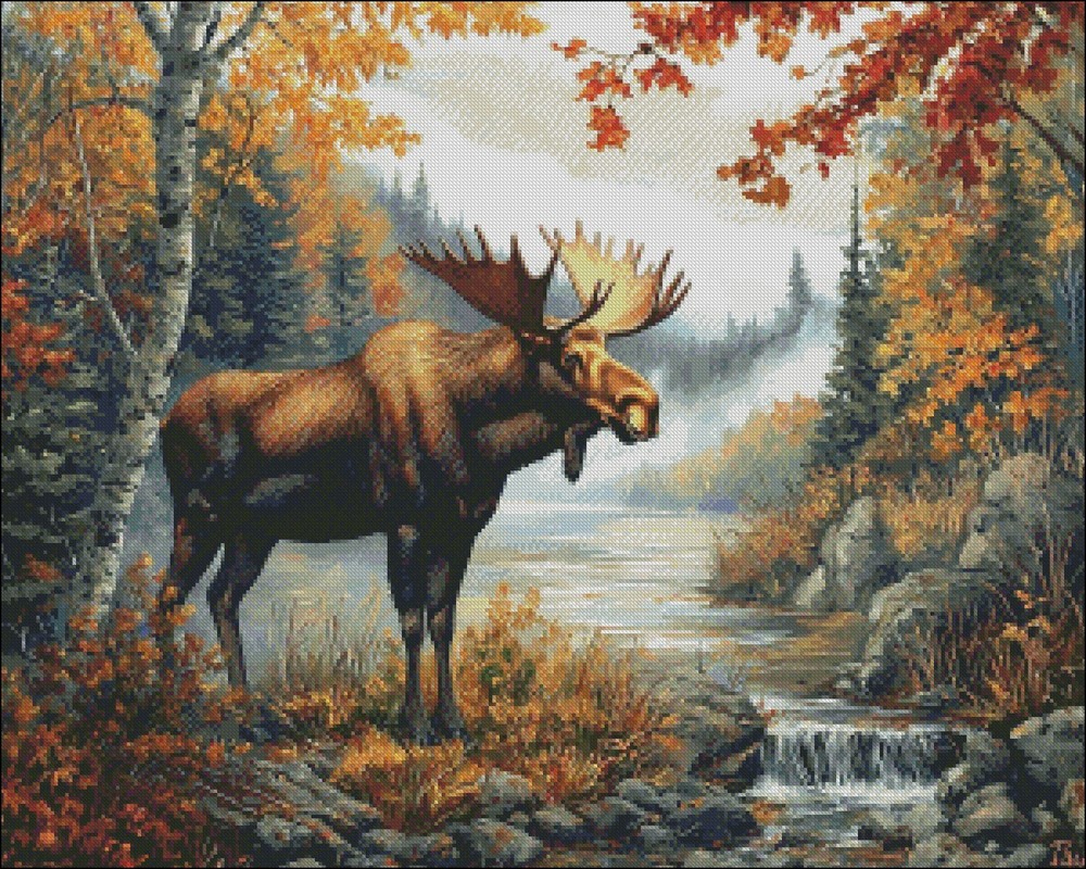 Moose in Autumn 2 - Chart Counted Cross Stitch Patterns Needlework DMC Color