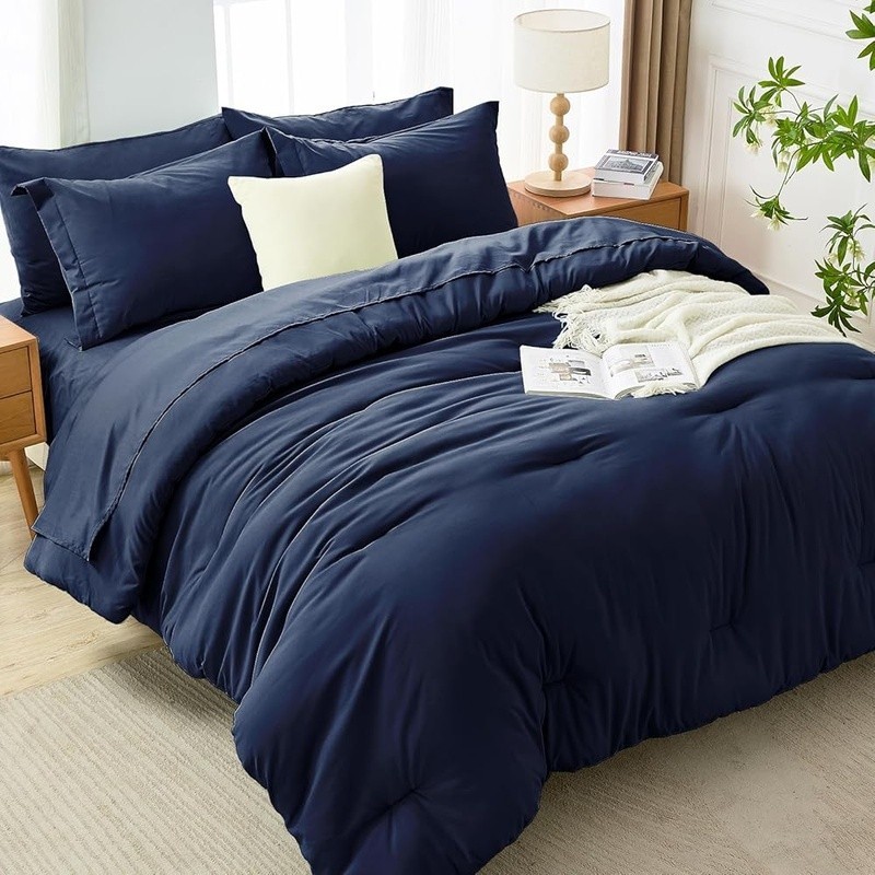 Queen Comforter Set Ultra Soft Microfiber 7 Piece Bedding Down Alternative Navy