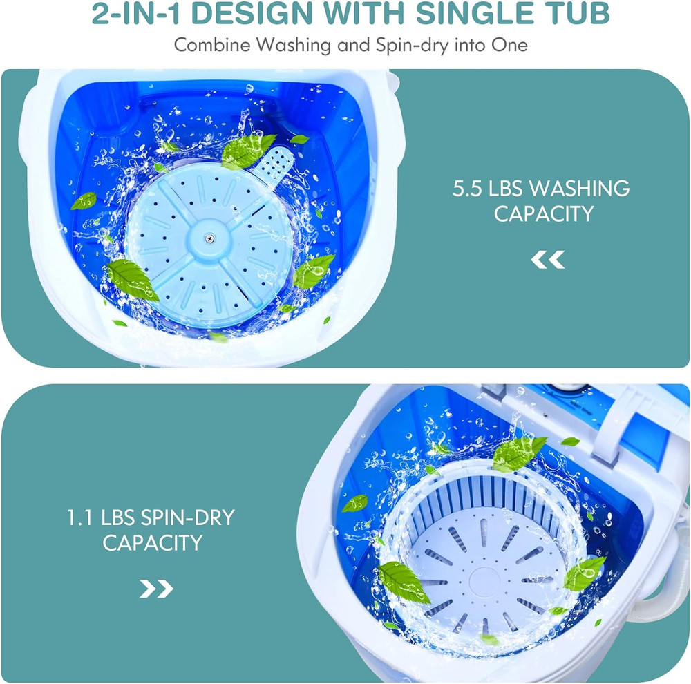 Compact Mini Washer & Spinner, 5.5lbs Semi-Automatic Portable Laundry Machine