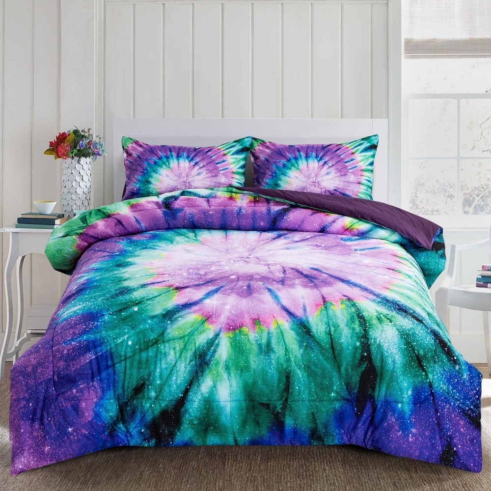 Bedding Tie Dye Galaxy Comforter Set, Psychedelic Swirl Pattern Colorful Boho...