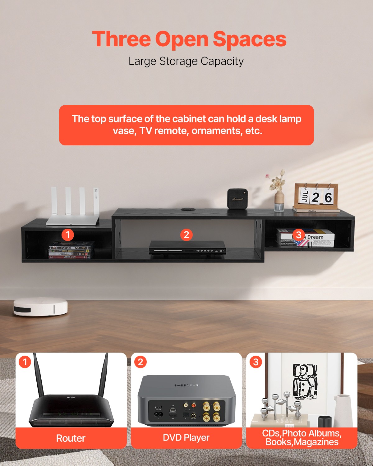 Floating TV Stand 59" Entertainment Center Power Outlet & Cable Hole Black